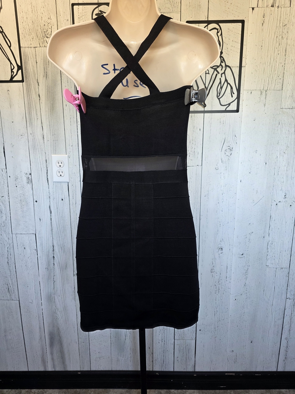 Bebe Black Bandage Bodycon Mini Dress Mesh Cutout Size M Date Night Going Out - Picture 4 of 13